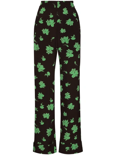 Ganni Brown & Green Printed Crepe Trousers In Mole