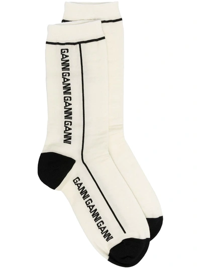 Ganni Logo Merino Wool Blend Crew Socks In White