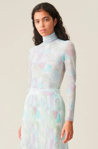 Ganni Printed Mesh Rollneck In Bright White