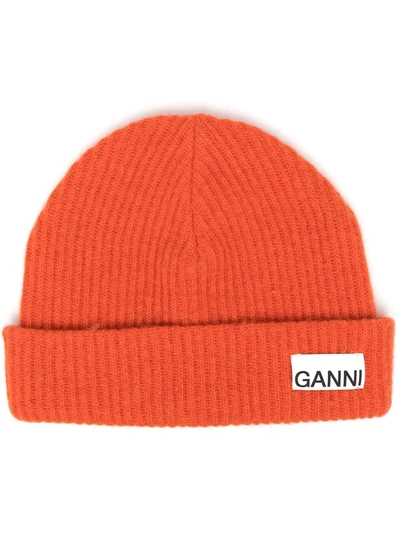 Ganni Wool Blend Knit Beanie In Orange