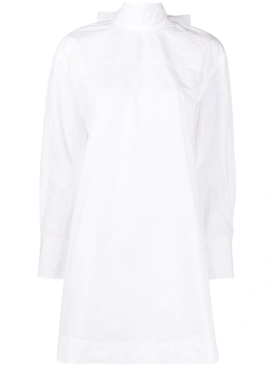 Ganni Bow Collar Back Slit Cotton Poplin Dress In White