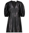 Ganni V-neck Puff-sleeve Leather Mini Dress In Black