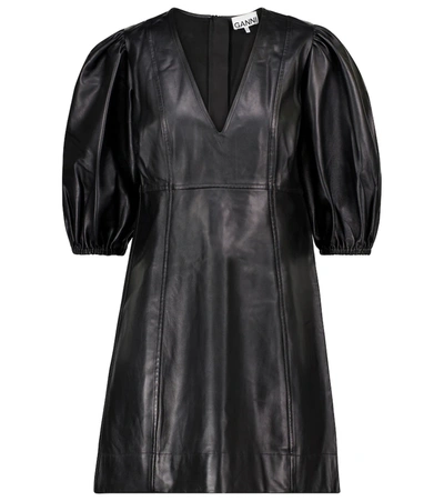 Ganni V-neck Puff-sleeve Leather Mini Dress In Black