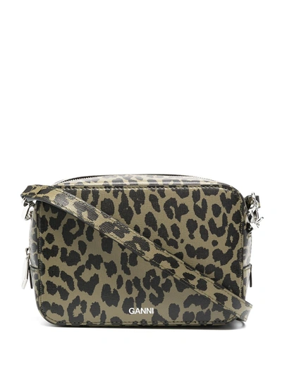 Ganni Leopard Print Recycled Leather Camera Bag In Olive Drab