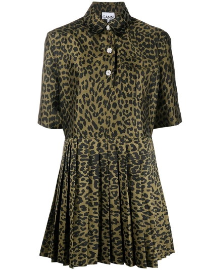 ganni jacquard mini dress green Crystal-embellished Pleated Leopard In Dark Floral jacquard