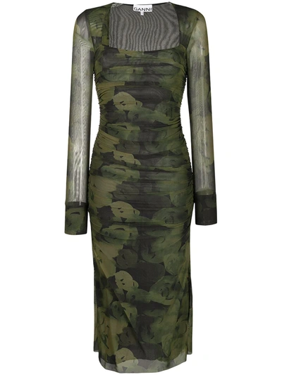 ganni green mesh dress Ganni // Green & Multicolour Printed Ruched Mesh Dress  VSP Consignment