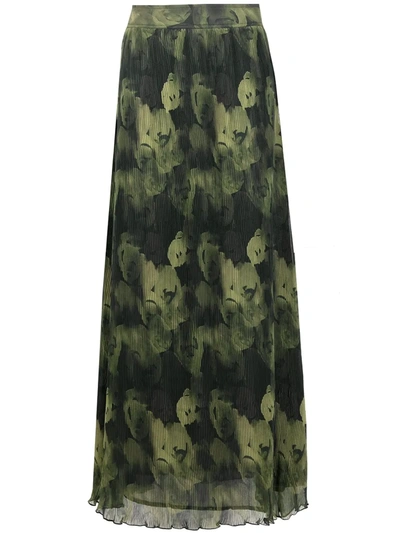 Ganni Floral Print Plisse Pleated Georgette Maxi Skirt In Olive Drab