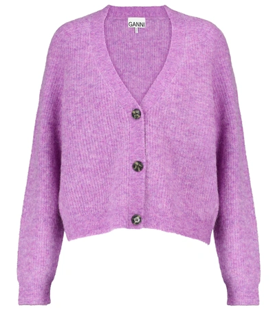 Ganni V-neck Buttoned Cardigan In Lilac