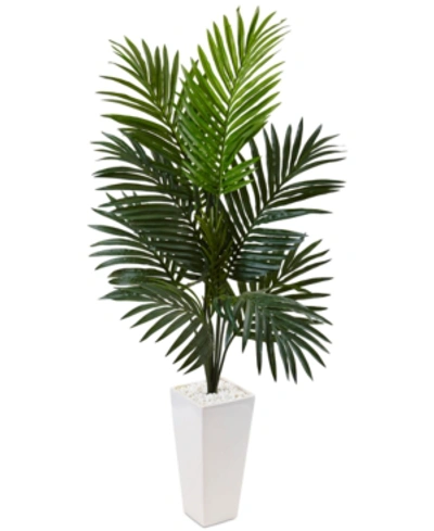 Nearly Natural 4.5' Kentia Palm Artificial Tree In White Tower Planter In Green