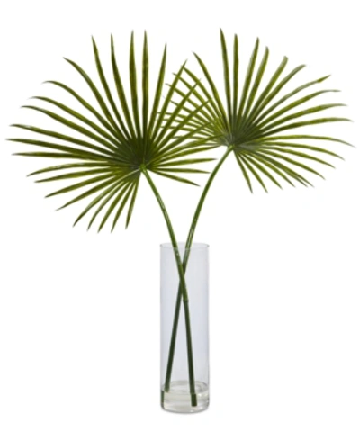 Nearly Natural Fan Palm Artificial Arrangement In Glass Vase In Green