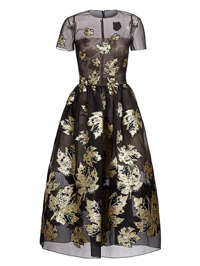 Oscar De La Renta Metallic Leaf Jacquard Tulle A-line Dress In Black Gold