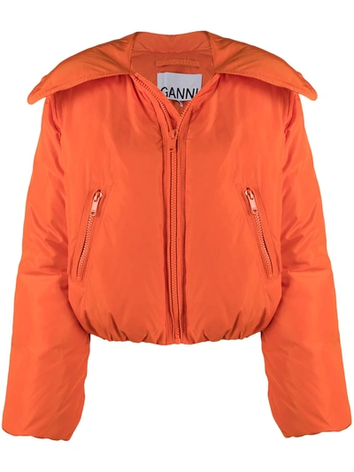 Ganni Cropped Quilted Shell Down Jacket In Yellow Orange