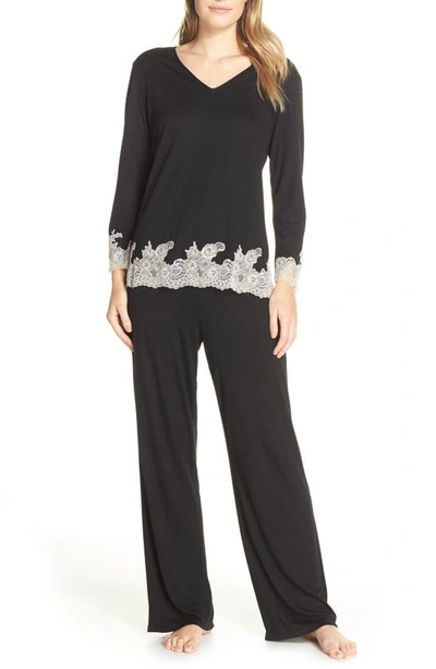 Natori Luxe Shangri-la Tencel&trade; Long Sleeve Pajamas Set In Black/cocoon