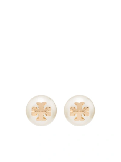 Tory Burch Logo-plaque Pearl Stud Earrings In Gold