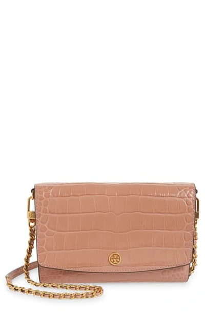 Tory Burch Robinson Croc Embossed Leather Wallet On A Chain In Pink Moon