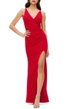 Dress The Population Jordan Ruched Side Slit Gown In Rouge