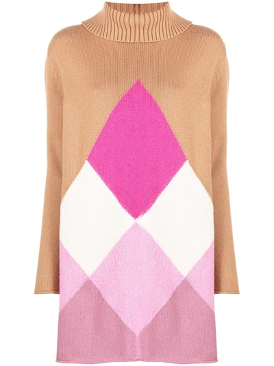 Semicouture Argyle Knit Roll Neck Dress In Neutrals