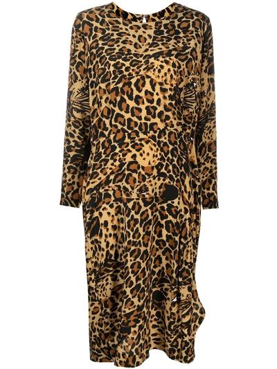 Pre-owned Saint Laurent Leopard Camouflage Print Long-sleeved Dress In Brown