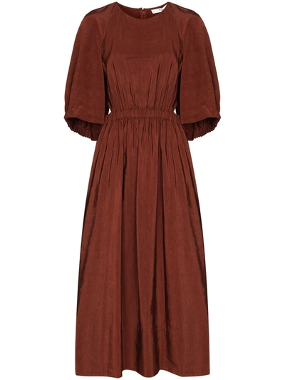Tibi Gemma Shirred Waist Fit-&-flare Dress In Rust Brown
