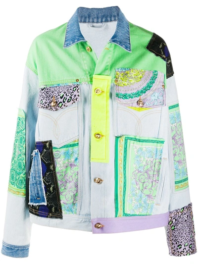 Versace Patchwork And Medusa-button Denim Jacket In Multicolor