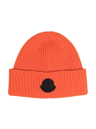 Moncler Babies' Virgin Wool Knitted Hat In Orange