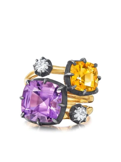 Fred Leighton 18kt Yellow Gold And Silver Collet Amethyst, Citrine And Diamond Collet Stack Ring