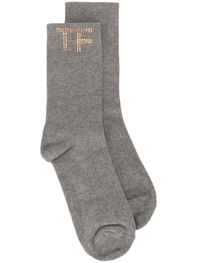Tom Ford Gem-embellished Logo Socks In Grey