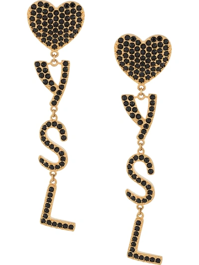 Saint Laurent Crystal Embellished Logo Earrings In Silver