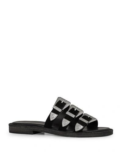 Allsaints Gianna Buckle Slide Sandals In Black/silver