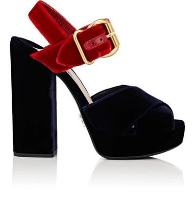 Prada Colorblocked Velvet Platform Sandals In Blu+cherry