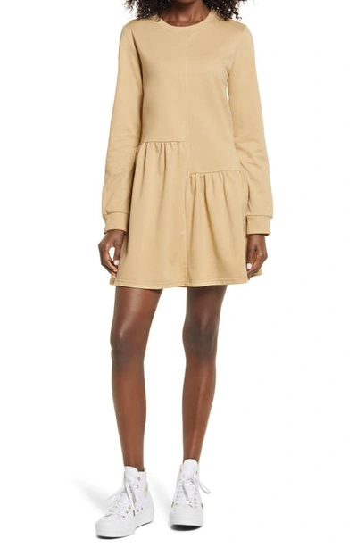 English Factory Unbalanced Seam Long-sleeve Knit Dress In Tan