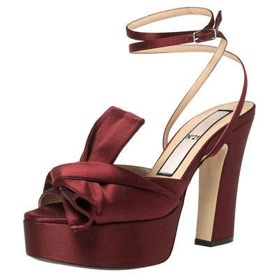 Pre-owned N°21 Burgundy Satin Knotted Bow Peep Toe Ankle Wrap Sandals Size 40
