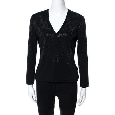 Pre-owned Just Cavalli Black Crystal Embellished Long Sleeve Top L