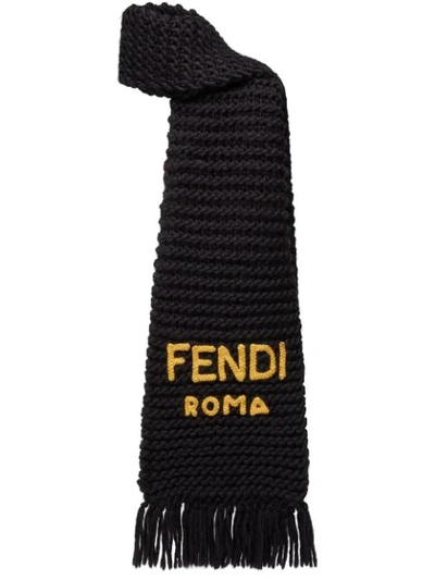 Fendi Logo-embroidered Chunky-knit Scarf In Black