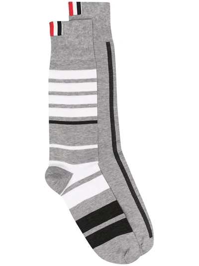Thom Browne Horizontal Stripe Knitted Socks In Grey