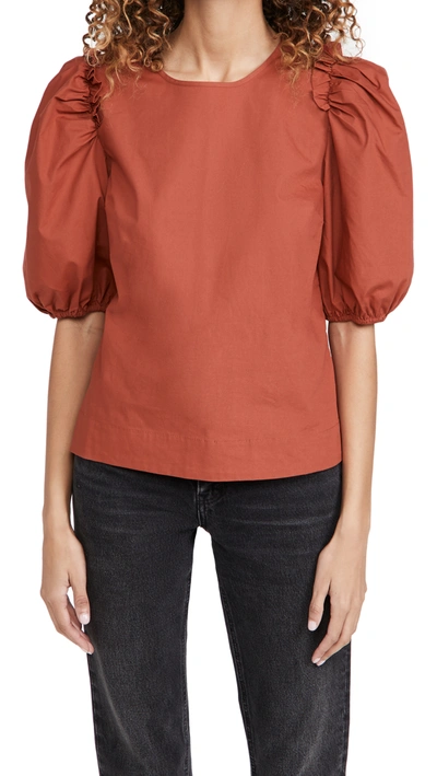 English Factory Ruffle Puff Sleeve Cotton Top In Rust