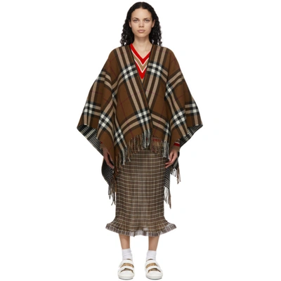 Burberry Reversible Brown Wool Poncho In Birch Brown