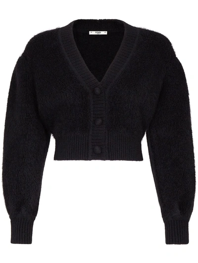 Fendi V-neck Cropped Textured Cardigan In Black