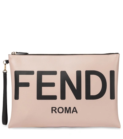 Fendi Large Logo Leather Flat Pouch In Rosa Quarzo/nr/os