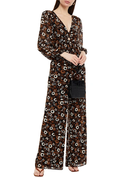 Michael Michael Kors Cutout Ruched Floral-print Georgette Wide-leg Jumpsuit  In Brown | ModeSens