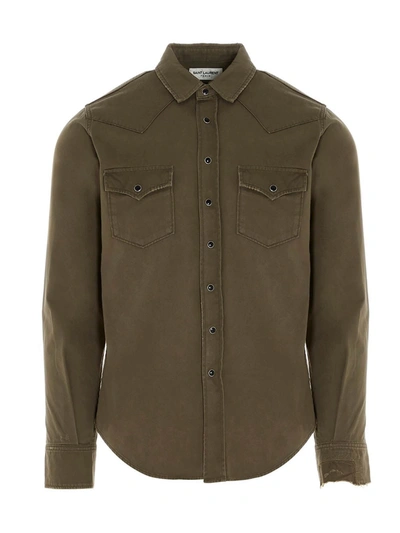 Saint Laurent Western Shirt In Stonewashed Kaki Color In Green