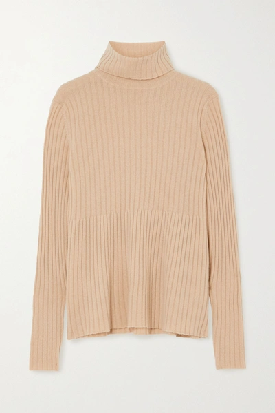 Allude Ribbed Cashmere Turtleneck Sweater In Tan