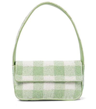 Staud Beaded Gingham Check Shoulder Bag In Green-lt