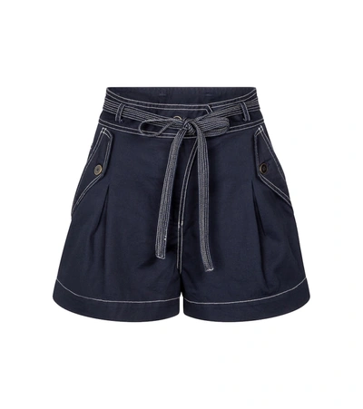 Ulla Johnson Oscar Topstitch Belted Cotton Shorts In Blue