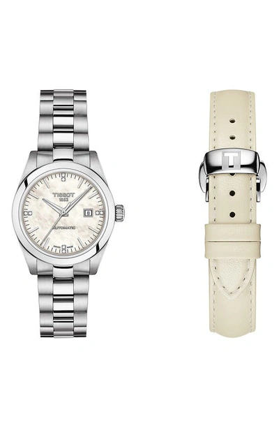 Tissot T-my Automatic Bracelet Watch & Leather Strap Gift Set, 29.3mm In White Mother Of Pearl