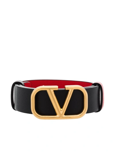 Valentino Garavani V-logo Crystal-embellished Leather Bracelet In Black