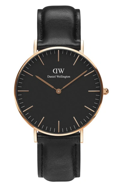 Daniel Wellington Classic Sheffield Leather Strap Watch, 36mm In Black / Rose Gold