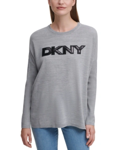 Dkny Drop-shoulder Sequin Logo Sweater In Gray
