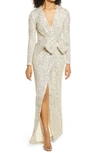 Eliza J Sequin Wrap Front Long Sleeve Gown In Silver