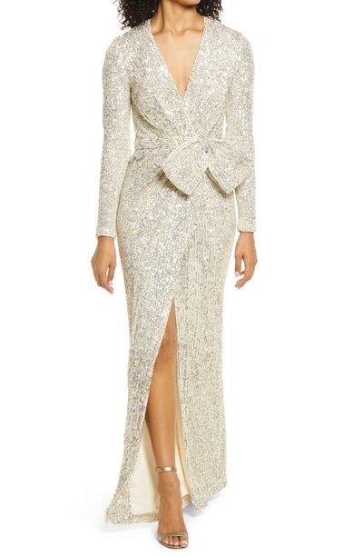 Eliza J Sequin Wrap Front Long Sleeve Gown In Silver